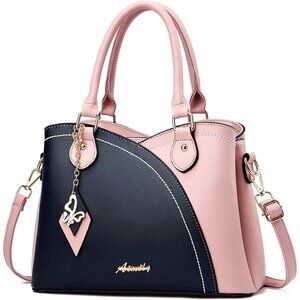 Women’s Dark Blue Pink PU Leather Tote Satchel | Crossbody Shoulder Handbag